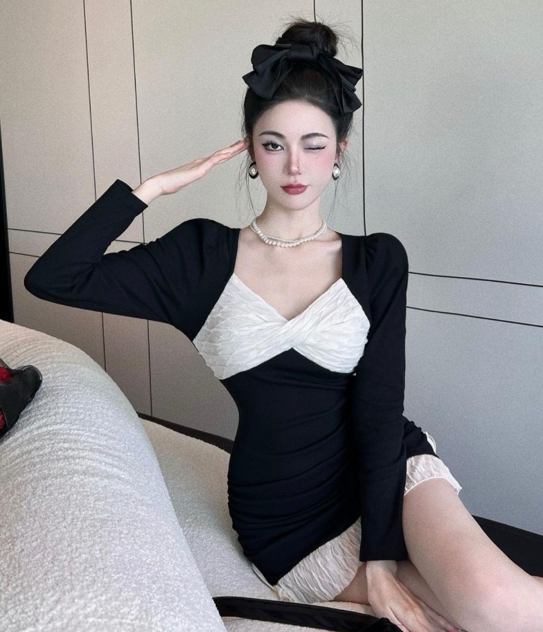 ワンピース デート ミニ丈 フリルデザイン リボン スリム タイト 可愛い きれいめ 上品 おしゃれ かっこいい 可愛い ラブリー キュート ガーリー クール モード系 セクシー エレガント