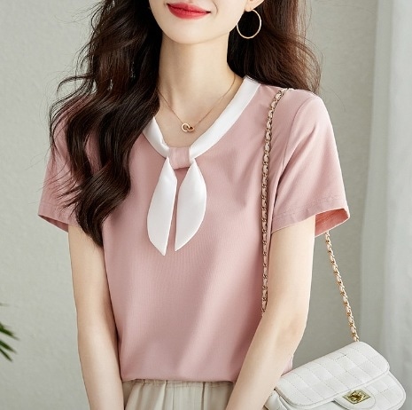 トップス カットソー 袖あり 半袖 ボウタイ スリム 細身 スマート リボン 通気性 かわいい 可愛い きれいめ 上品 おしゃれ お洒落 可愛い 女子 ラブリー キュート ガーリー