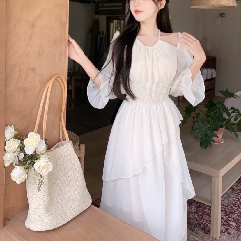 レディース スカート ワンピース フレア ミモレ ロング パフスリーブ ドロップショルダー ホルターネック オフショルダー Aライン フェミニン ウエストマーク ウエストゴム 透け感 かわいい