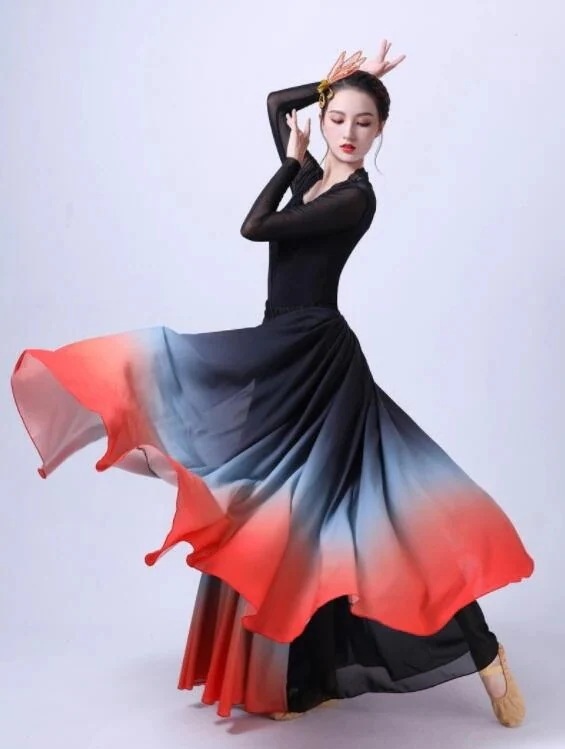 ダンス衣装 スカート ロング丈 広がる 大きい裾 グラデーション スカート 大人 古典舞踊 中華ダンス モダンダンス ラテン ワルツ タンゴ フラメンコ フラダンス 社交ダンス 練習着 レッスン着 シ