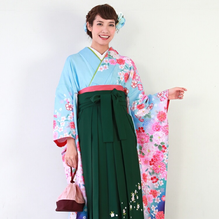 レンタル卒業式 袴 レンタル 女 袴セット 女 卒業式袴セット 振袖 着物＆袴 フルセットレンタル 安い 水色地にピンク紫のぼかし 牡丹 桜 菊 バラ ハカマ はかま rental