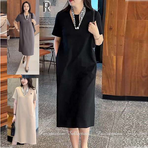 [新発売]ブラック上品ワンピース　ミセス　シンプルワンピース　ラウンドネック　ストレートライン　半袖　ひざ下丈　ほっそり効果大 20代30代40代50代60代　ミセス