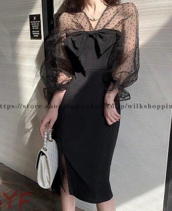【迅速な出荷】パーティードレス 黒 袖あり 結婚式 お呼ばれ ドレス 韓国 長袖 シースルー ワンピース 切り替え リボン タイトワンピース 膝丈 スリット