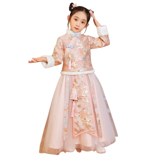 子供用漢服綿入れ婦人服秋冬厚手プラス綿ピンク長袖中国ドレス女性