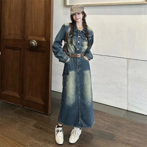 売切必至ロングワンピース 長袖 デニムワンピース シンプル カジュアル お出かけ レディース【大きいサイズ レディース 春夏 結婚式 きれいめ タイト フォーマル 大人 上品 チュニック one-pi