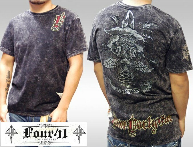 Four41 Los Angeles フォーフォーティーワン メンズ ラインストーン Tシャツ ソードフラワー ブラック M-26 スワロフスキー インポート セレブ ブランド ストリート LAセレブ