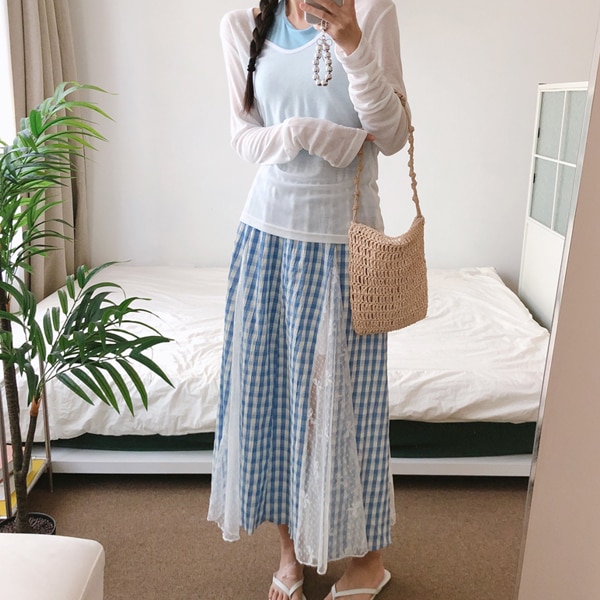 韓国ファッション ホルターネック キャミソール ボートネック 長袖 チェックロングスカート 上下セット 3ps