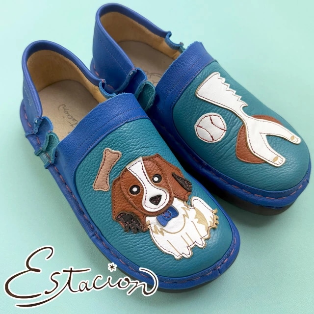 エスタシオン レディース 疲れない スリッポン ワンちゃんモチーフ 本革 カジュアルシューズ 履きやすい 痛くない TGE241-1 ブルー/コンビ 歩きやすい 靴 送料無料