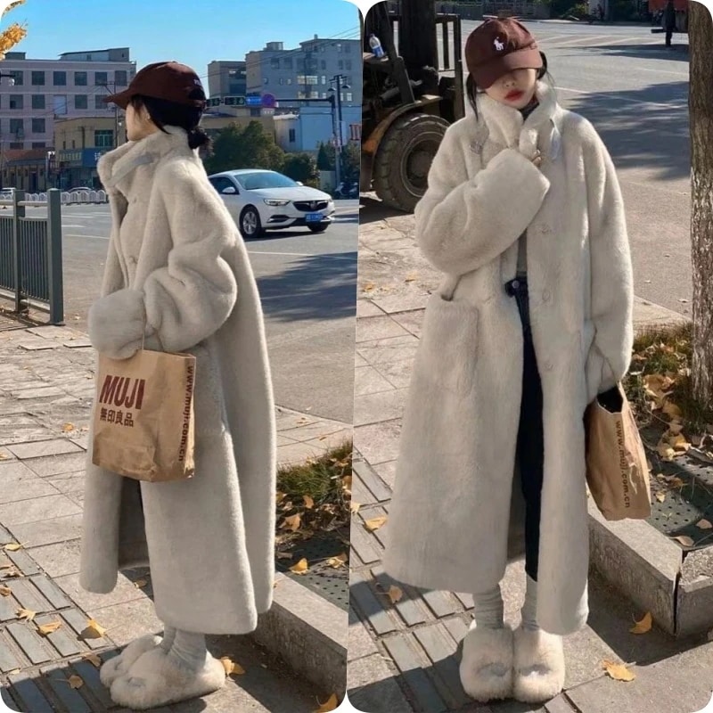 人気 アウター クリスマスジャケット 保温 秋冬 セミロング丈 韓国ファッション キルティングアウター 皮毛一体 防寒 フェイクラビットファー ふわふわ ゆったり フリース