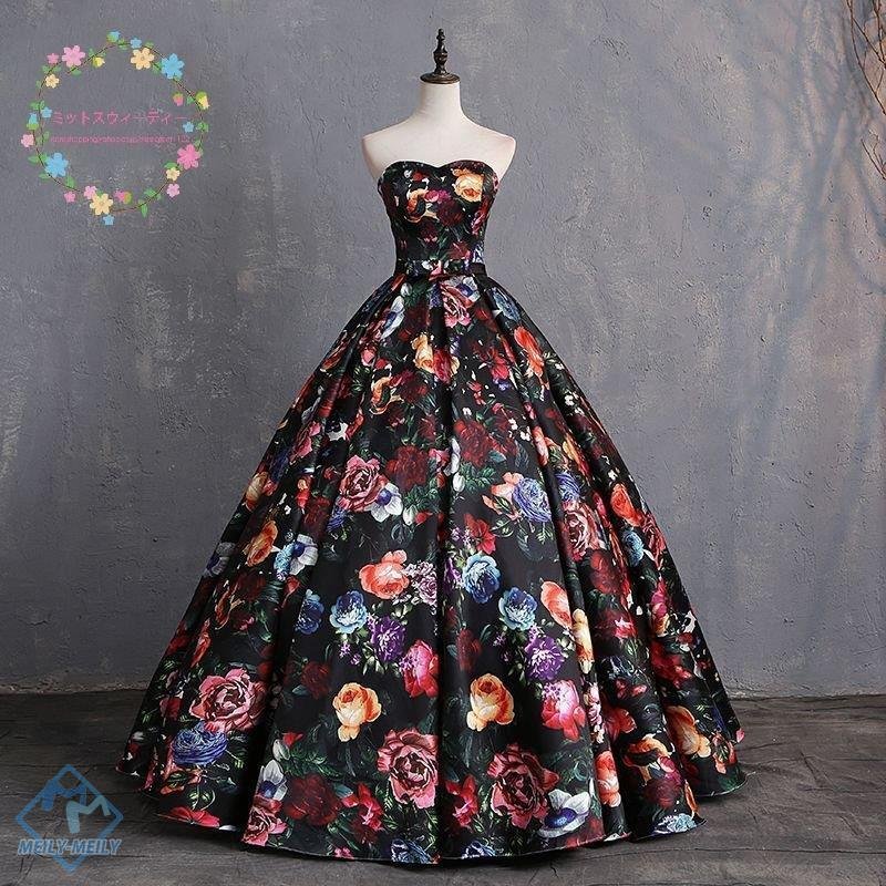 カラードレス ブラック ビスチェドレス 花柄 結婚式 披露宴 二次会 ウエディングドレス 黒 演奏会
