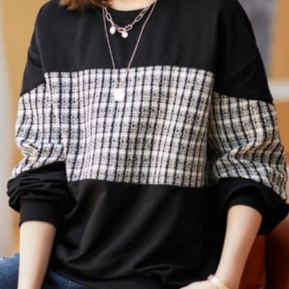 無地チェック柄長袖トップス トップス カットソー プルオーバー ロング 長袖 ラウンドネック