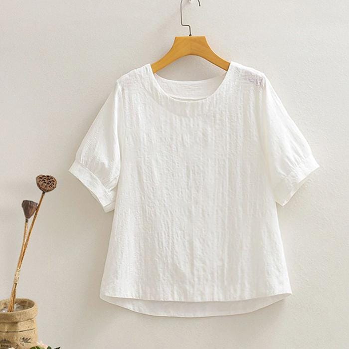 レディース ブラウス シャツ 半袖 バルーンスリーブ 刺繍 ガーゼ 春 夏 秋 着回し 薄手 ナチュラル 森ガール ゆったり ボートネック 丸首 白 ホワイト