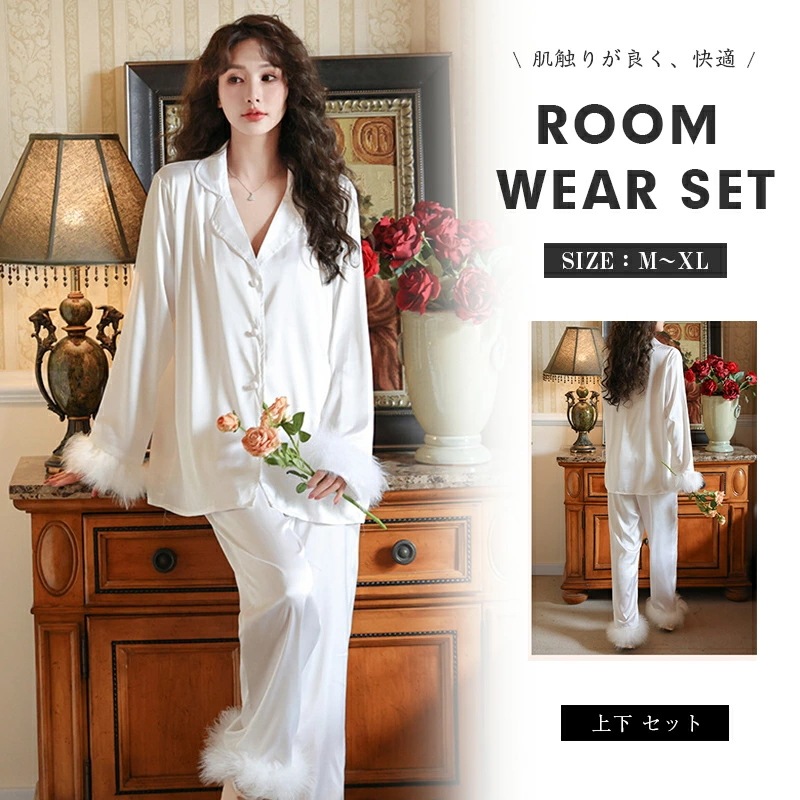 6/11~6/19限定 全商品10％OFF／パジャマ レディース 長袖 フェザーVネック前開き部屋着 長袖 春 秋 ルームウェア 上下セット 寝間着 可愛い 大人 軽い 寝巻き 寝間着 女性