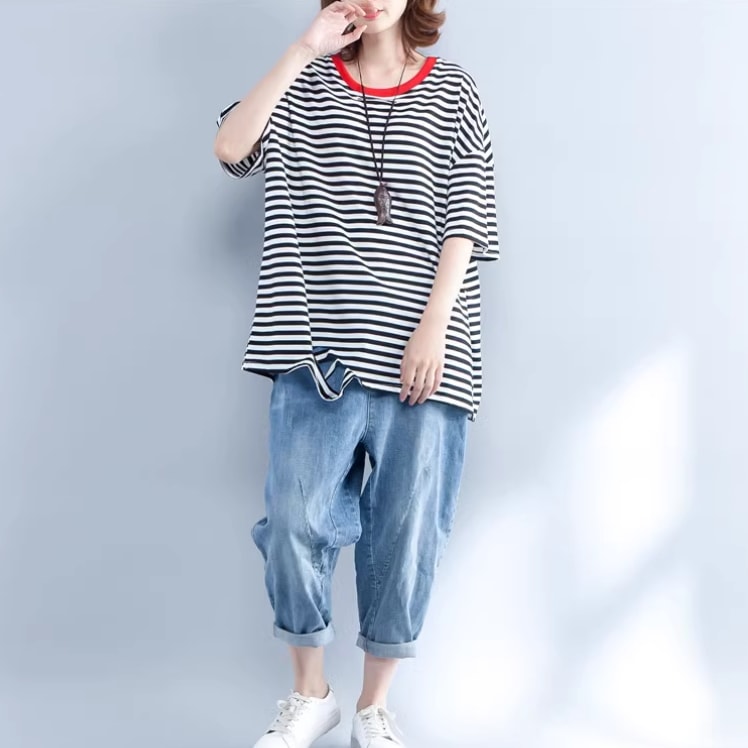レディース トップス Tシャツ 5分袖 袖あり ラウンドネック 襟なし ダメージ バイカラー 大人可愛い シンプル カジュアル おしゃれ レトロ ラフ ルーズ 個性的 ストライプ 柄 夏 秋 20代