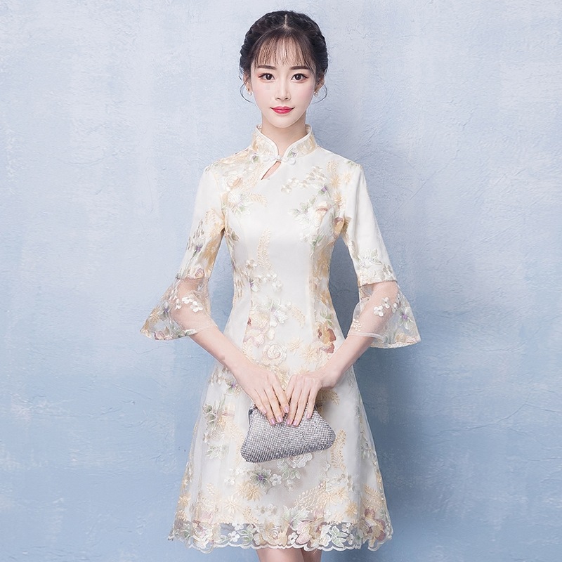 チャイナドレス きれいめ 立ち襟 フェミニン チャイナ風ワンピース 春夏 夏 レディース ロングワンピース 膝丈 パーティードレス フォーマル お出かけ お呼ばれ 結婚式 二次会 女子会 カジュアル