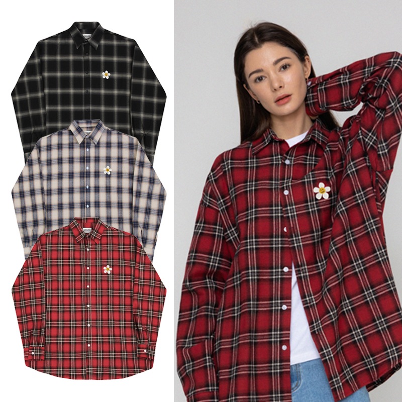 [UNISEX]Flower dot embroidery overfit check shirt_3color