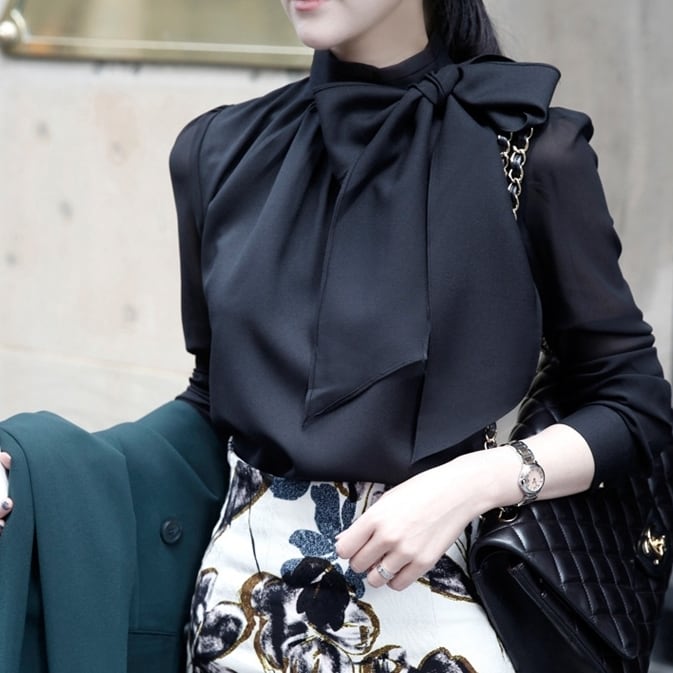 トップス ブラウス 袖あり 長袖 ギャザー デザイン袖 スタンドカラー ボウタイブラウス シアー 切り替え 透け感 シースルー チュール リボン ショート丈 バブルスリーブ かわいい wto0547