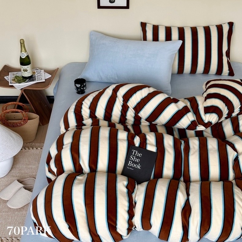 ブルー ミックス ワイド ストライプ 冬用 布団カバーセット 全3種 ベッドカバー オールシーズン シングル ダブル クイーン ベッドリネン おしゃれ 韓国インテリア 韓国っぽ 70PARK