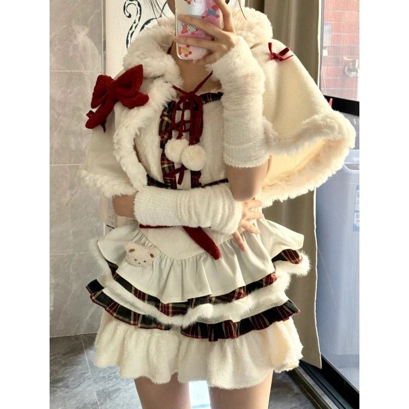 ロリータドレスクリスマス冬のかわいい女の子甘い老化弓マントジャケットスリーブセット衝突色スプライシングホルターチュチュスカートスーツ和服コスチュームコスチューム