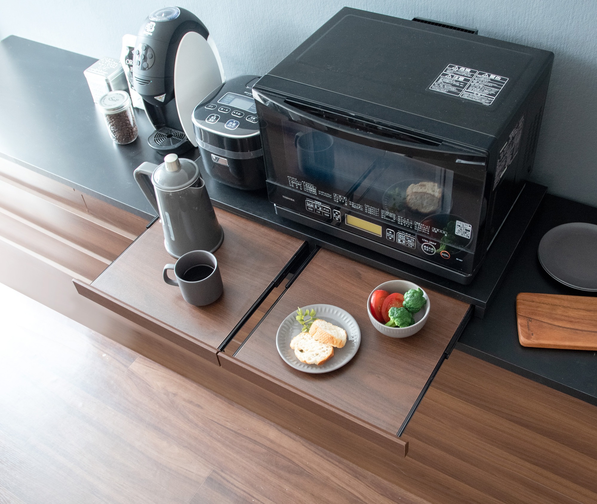 レンジ下トレー スライドトレー 2連 オーブンレンジ置き 2枚引き出しタイプ 幅80 レンジ台下 隙間テーブル スライドテーブル