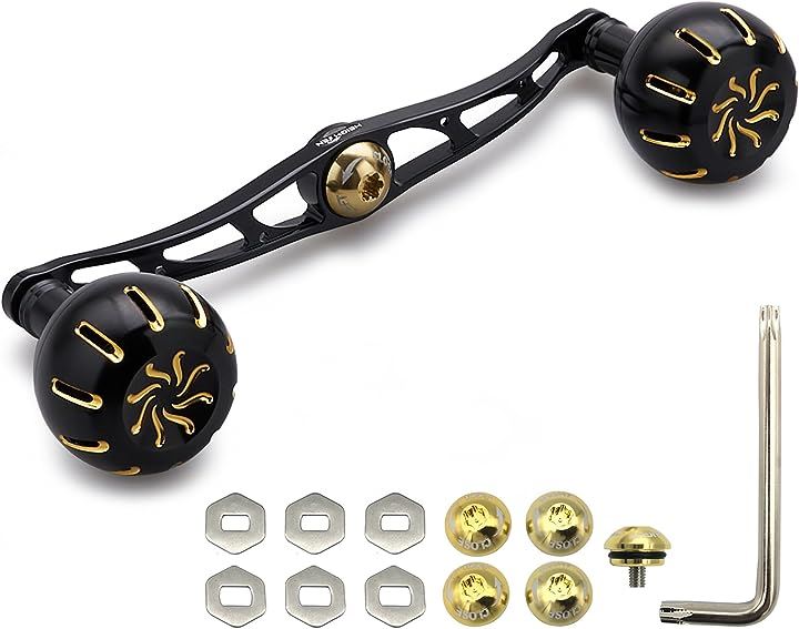130mm リール ハンドル 35mmノブ搭載 シマノ ダイワ アブガルシア 通用 ベイトリール Chrysant Series(ブラック(ハンドル)＆ブラック/ゴールド(ノブ）)