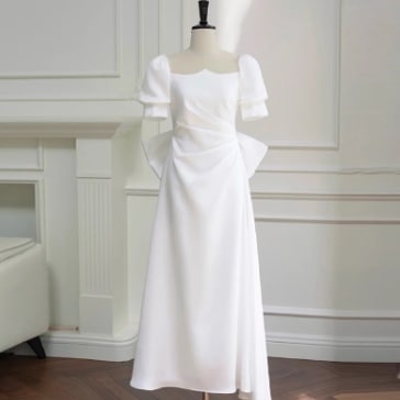 レディース ワンピース フォーマルドレス ロングドレス ドレス ロング マキシ 半袖 パフスリーブ 襟なし タイト スリム 細身 フォーマル フェミニン リボン ウエストリボン ファスナー かわいい