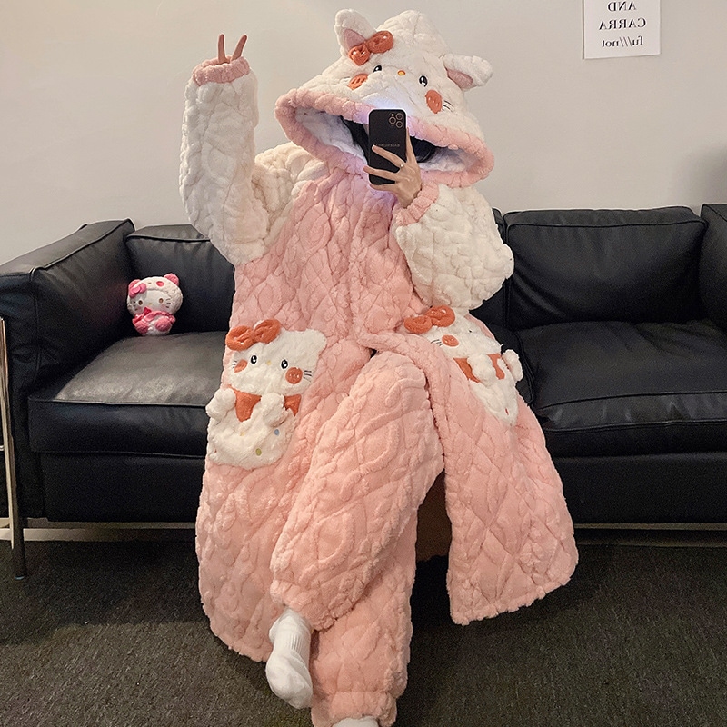 ハローキティパジャマ女性秋冬サンゴベルベット保温厚い三層綿入り寝衣冬セット