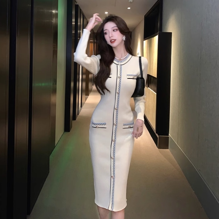 ワンピース 膝丈 ひざ丈 袖あり 長袖 ラウンドネック スリム タイト 細身 大人可愛い きれいめ シンプル カジュアル 大人 上品 おしゃれ お洒落 大人女子 ラブリー キュート ガーリー