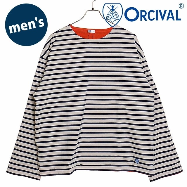 ボートネック ロングスリーブ ワイドプルオーバー [OR-C0275-BDJ] メンズ トップス カットソー 長袖Tシャツ ボーダー フリース ECRU/MARINE（ORANGE）