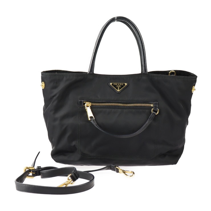 PRADA プラダ ハンドバッグ BN1825 三角ロゴマーク ナイロン レザー ブラック ゴールド金具 2WAY ショルダーバッグ トライアングルロゴ 本物保証 中古