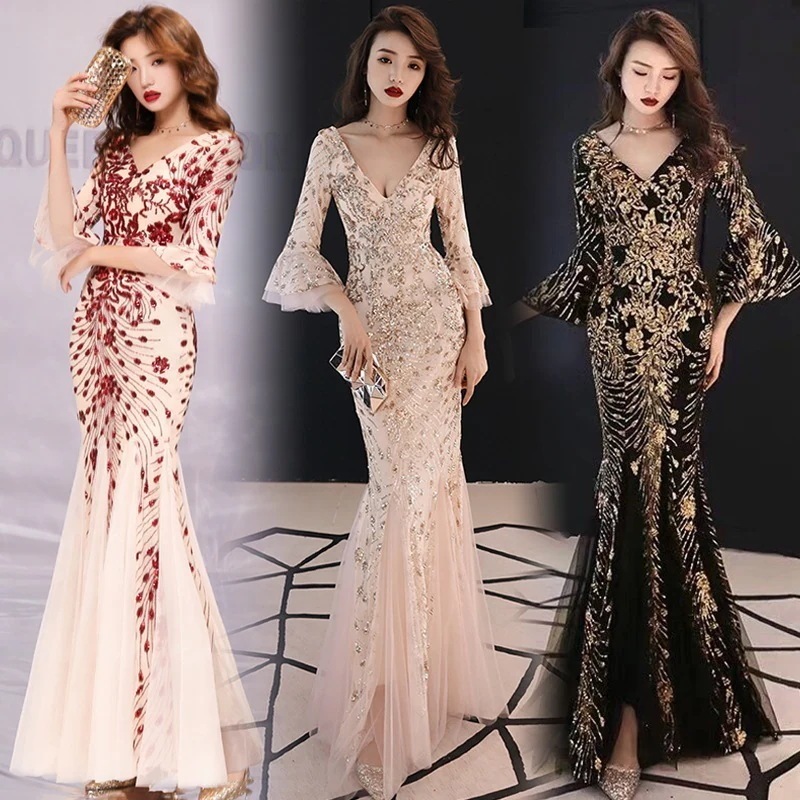 バンケットイブニングドレストランペットスリーブ高貴でエレガントな気質スパンコール付きのロングホストウエストテールロングスカート安い