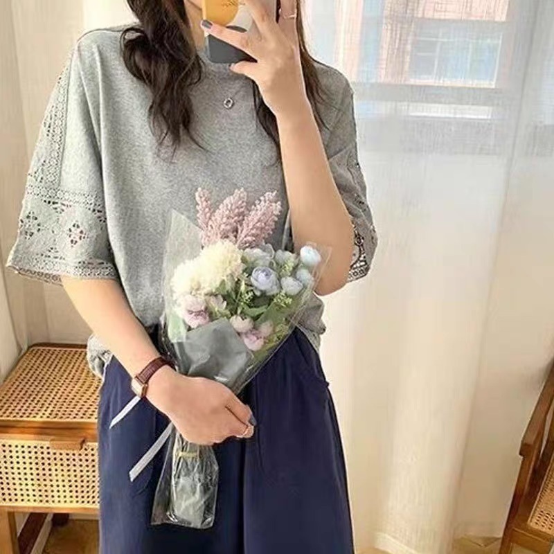 レディース トップス カットソー プルオーバー Tシャツ 5分袖 Uネック ラウンドネック フェミニン ストリート レース 刺繍 クロシェ 透け感 シースルー 切り替えデザイン ドッキング かわいいTシャツ・カットソー