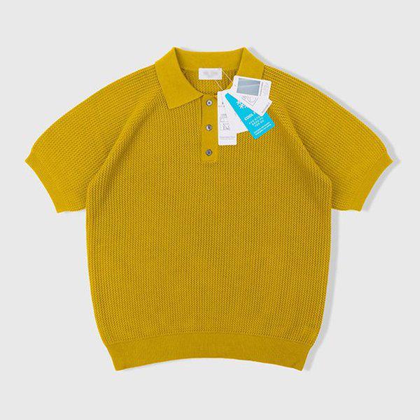 男性ピーナッツカラーネック透かし編み半袖ニットTシャツ AT-KNH-Q013-マスタード