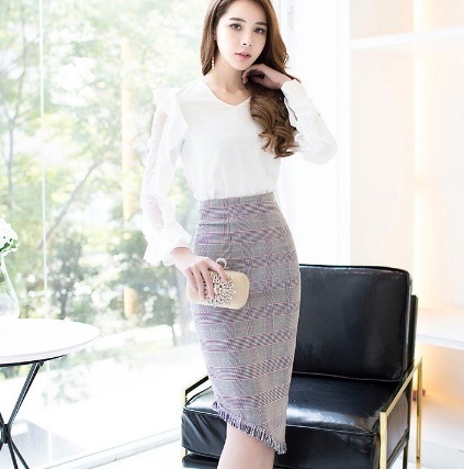 シースルーブラウス＆グレンチェック柄スカート　0907