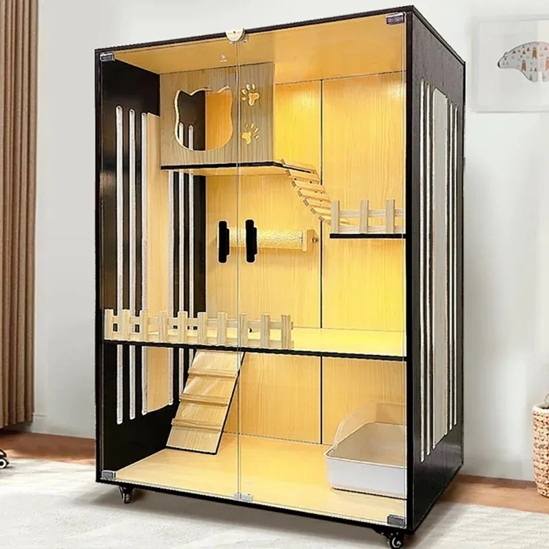 頑丈な木製の猫のケージ 防水ヴィラ 屋内猫の家 ガラスのディスプレイ 多層 超豪華