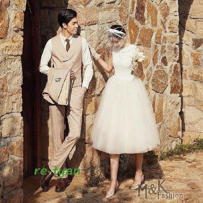 ミモレ丈ドレスウェディングドレス結婚式白ワンピース二次会花嫁Aラインチュールスカート