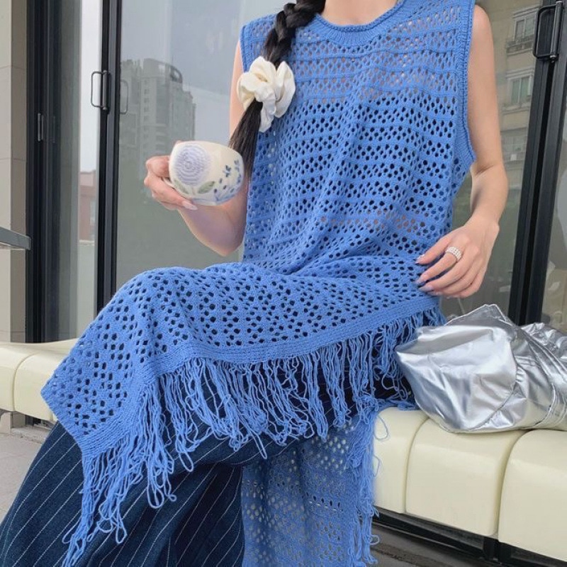 韓系ワンピース夏の高級感気だるい風開叉丸首百合透かしフリンジビーチニットベストスカート