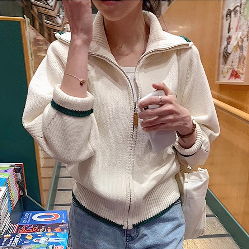 ハイネック ジップ カーディガン ロゴ ニット 韓国 長袖 無地 パーティースタイル ホームパーティーアイテム オフィススタイル エレガントスタイル カジュアルスタイル カーキ ロゴ