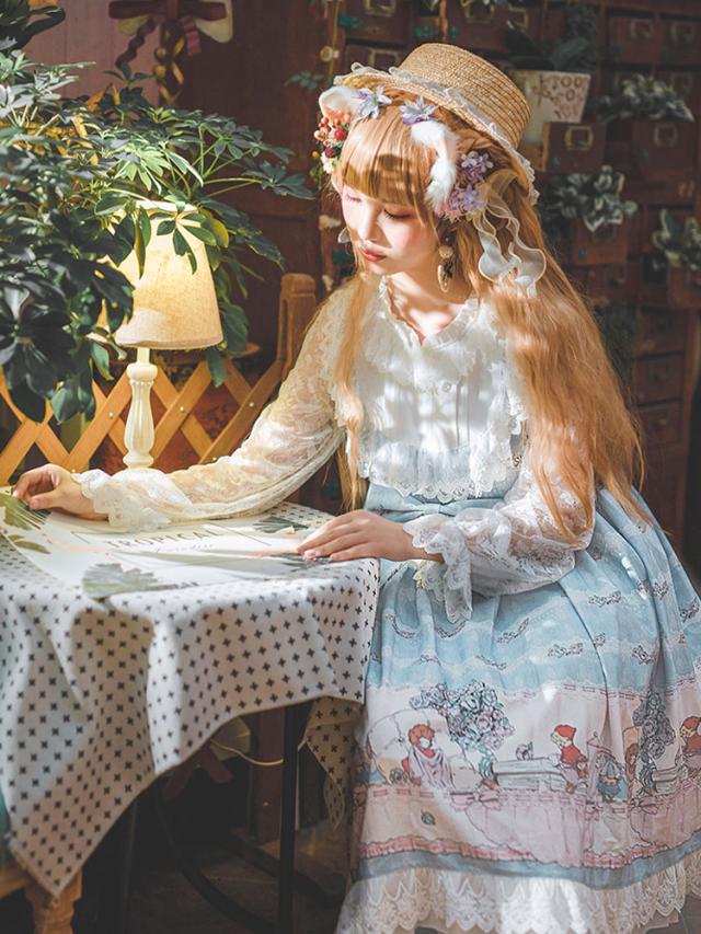 【短納期】甘いロリータOPドレスインファンタおとぎ話フローラルプリントライトスカイブループリーツロリータワンピースドレス