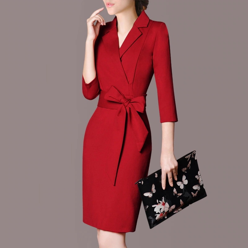 Hot!!!ワンピース 長袖 七分袖 レディース テーラード フォーマル Vネック 無地 タイト ひざ丈 おしゃ