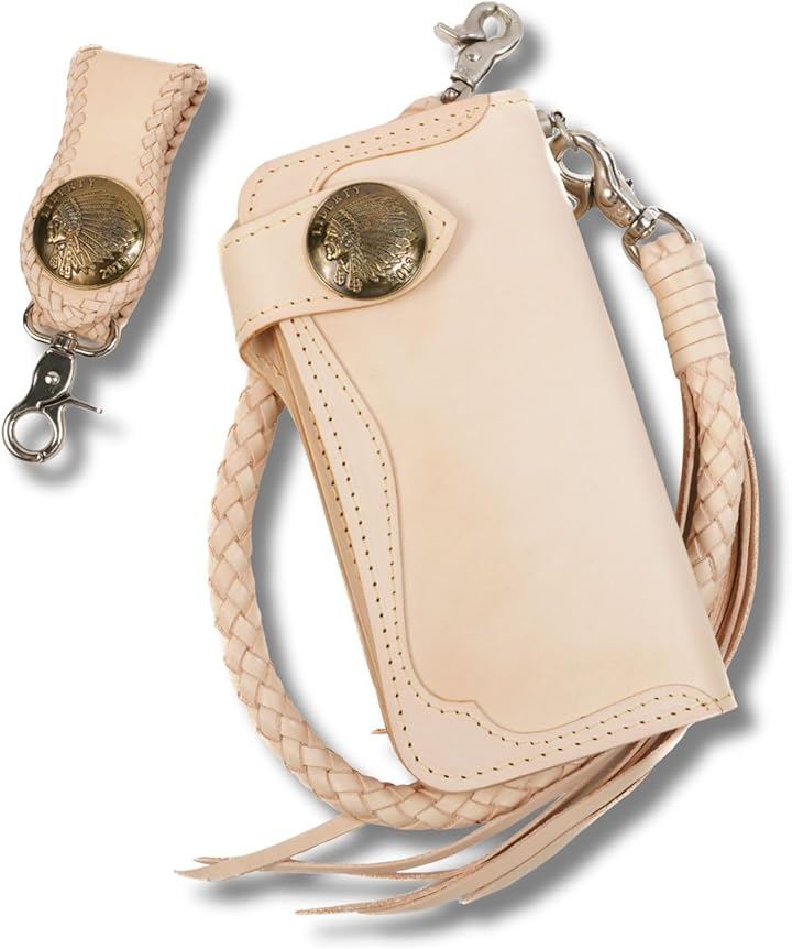 バイカーズウォレット 長財布 ウォレットチェーン ドロップハンドル ベルトループ セット ライダースウォレット レザーウォレット 二つ折り メンズ (ナチュラルxゴールドインディアン)