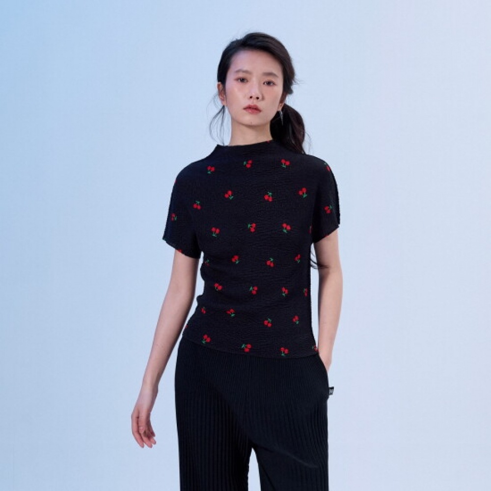 ラフリ チェリー刺繍プリーツ半袖Tシャツ_APTSM026046