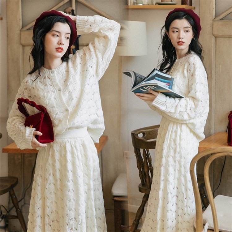 2点セット ニットワンピース レディース 秋冬 レース ロング丈 透かし彫り スカート メリヤス き