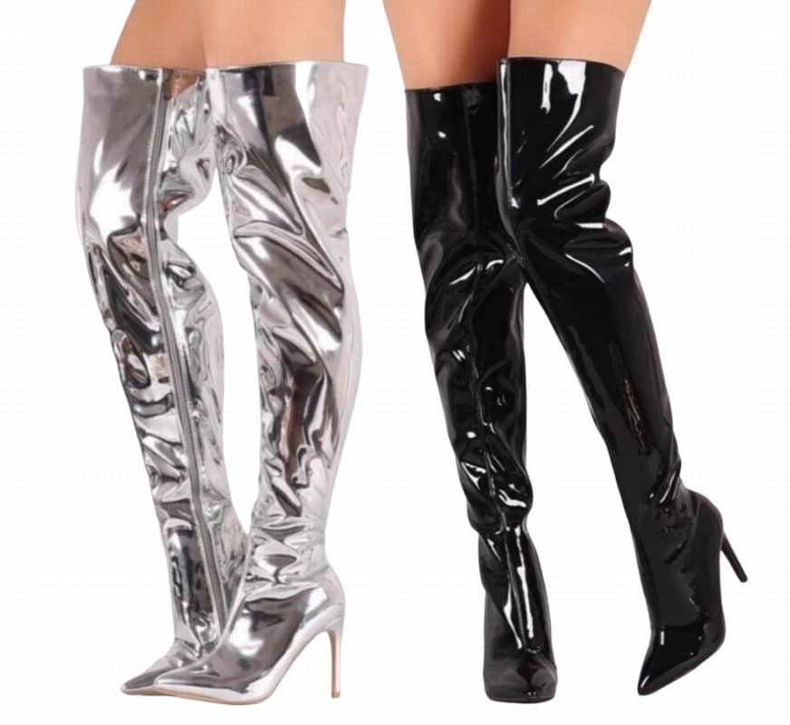 レースクイーン 風 コスプレ ブーツ ハイヒール ニーハイ ロングブーツ シルバー ブラック 22.5cm ― 26.5cm