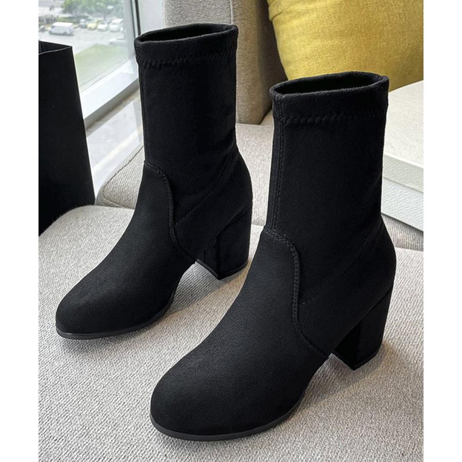 スエード調ショートブーツ 太ヒールブーツ 韓国ファッション