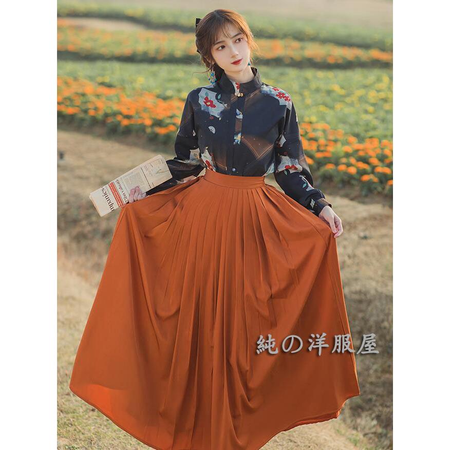 中華風 ブラウス＋ロングスカート 2点セット 長袖 立ち襟 エスニック花柄シャツ ロング丈 フレア プリーツ スカート レトロ チャイナ風 衣装 改良 漢服衣装 春シとても安い