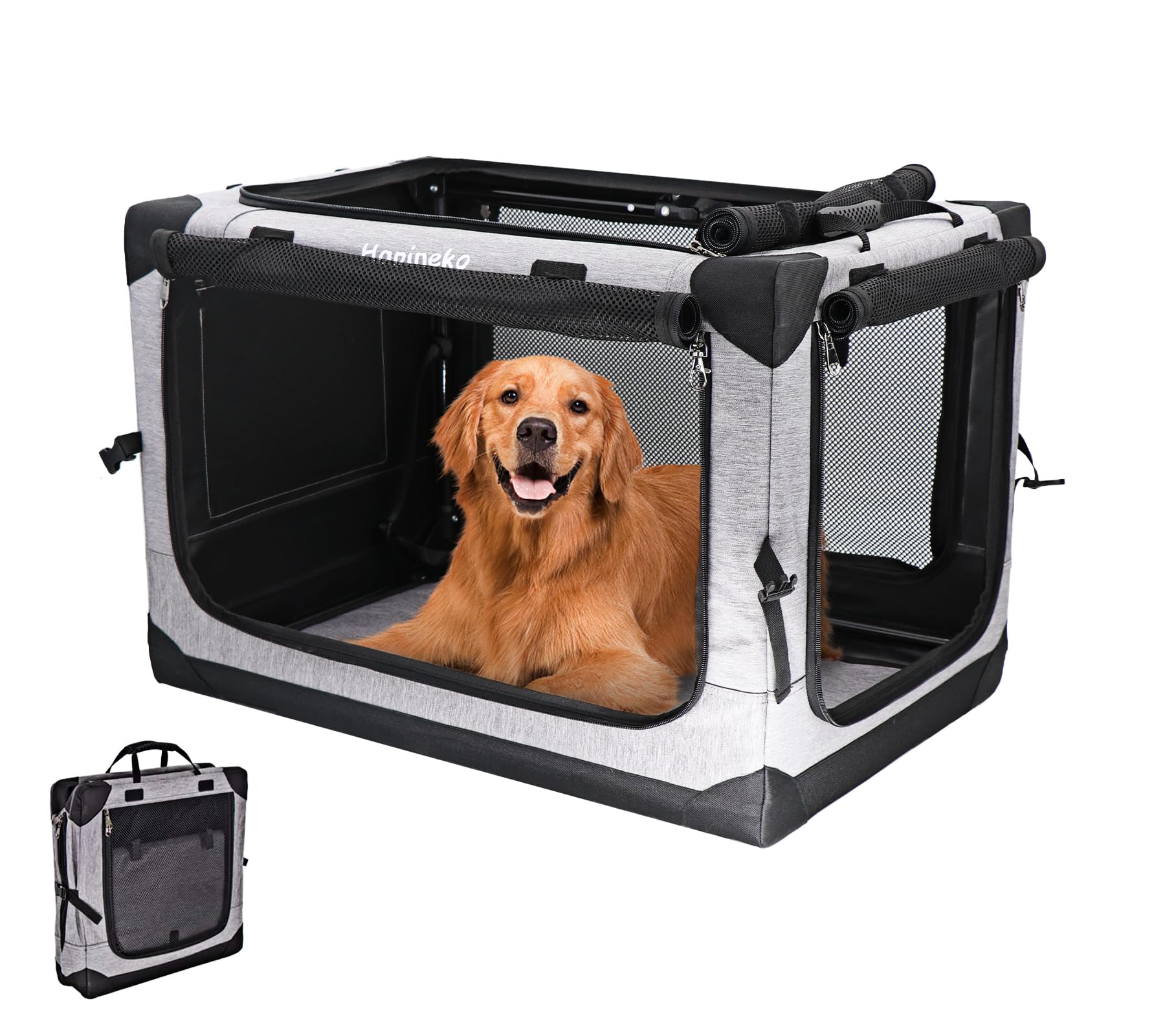 Hapineko（ハピネコ） 多用途 ペット ソフトクレート ソフトケージ ペットハウス カバー取り外せる 4面メッシュ出入口 折りたたみ式 ロック付きファスナー 鉄フレーム 600D防水オックスフォ