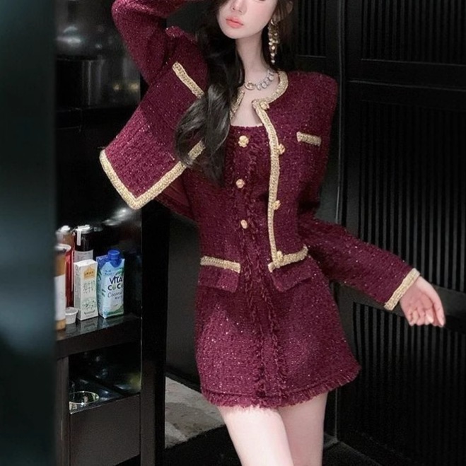 リッチ娘紫シャネル風スーツスカートレディースハイエンドショートジャケット気質ファッションスーツツーピーススーツ