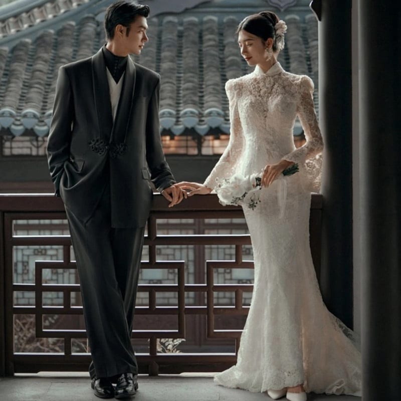 パーティードレス 長袖 ウェディングドレス 白 レース 背中開き ウエディングドレス 花嫁ドレス 二次会 ドレス トレーンライン