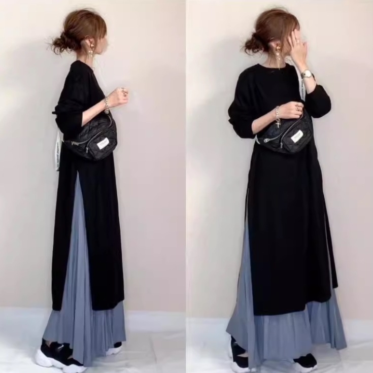ワンピース ロング丈 7分袖 袖あり ラウンドネック 襟なし セミフレア Aライン スリット サイドスリット ハイウエスト 切り替えデザイン バイカラー ドッキング ポリエステル かわいい 大人可愛い